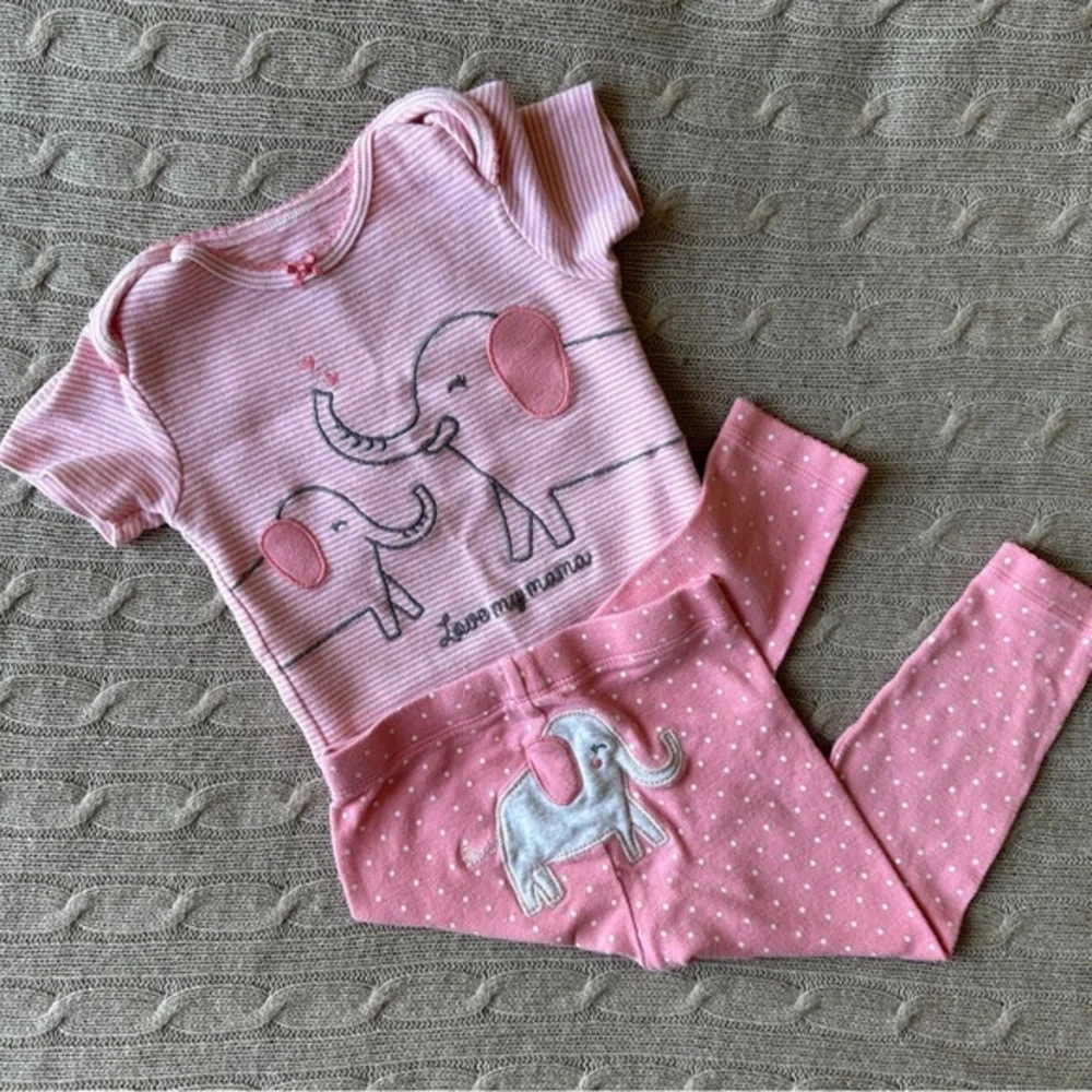 EUC Carter’s Baby Girl Outfit Set, Pink Elephant Dots and Stripes, 18 Months